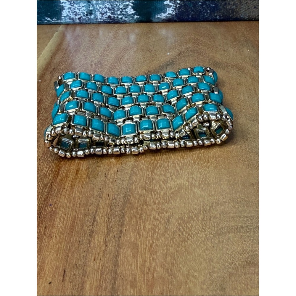 Western Boho Faux Turquoise Gold-Tone Stretch Cuff Bracelet VGUC - Picture 7 of 9